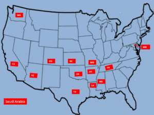 A map of the united states with red dots on it.