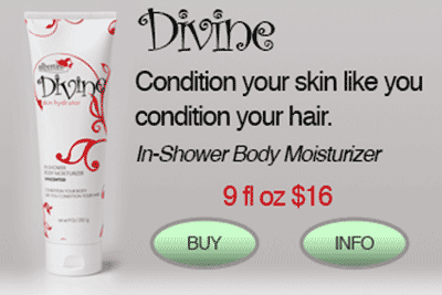 A white and red advertisement for divine cosmetics.