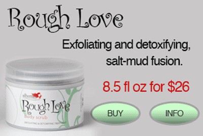 A jar of salt-mud is shown with the words rough love and an advertisement for it.