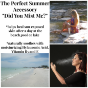 A collage of photos with the words " the perfect summer accessory " and an image of a woman spraying water from her mouth.
