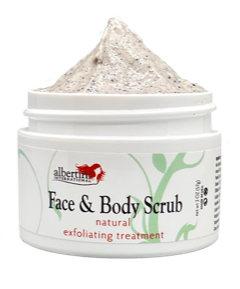 A jar of face and body scrub with white background