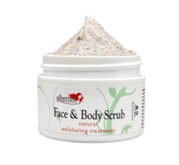 A jar of face and body scrub with white background
