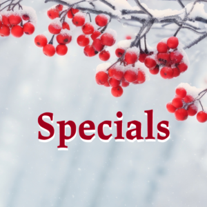 A branch with red berries on it and the word " specials ".
